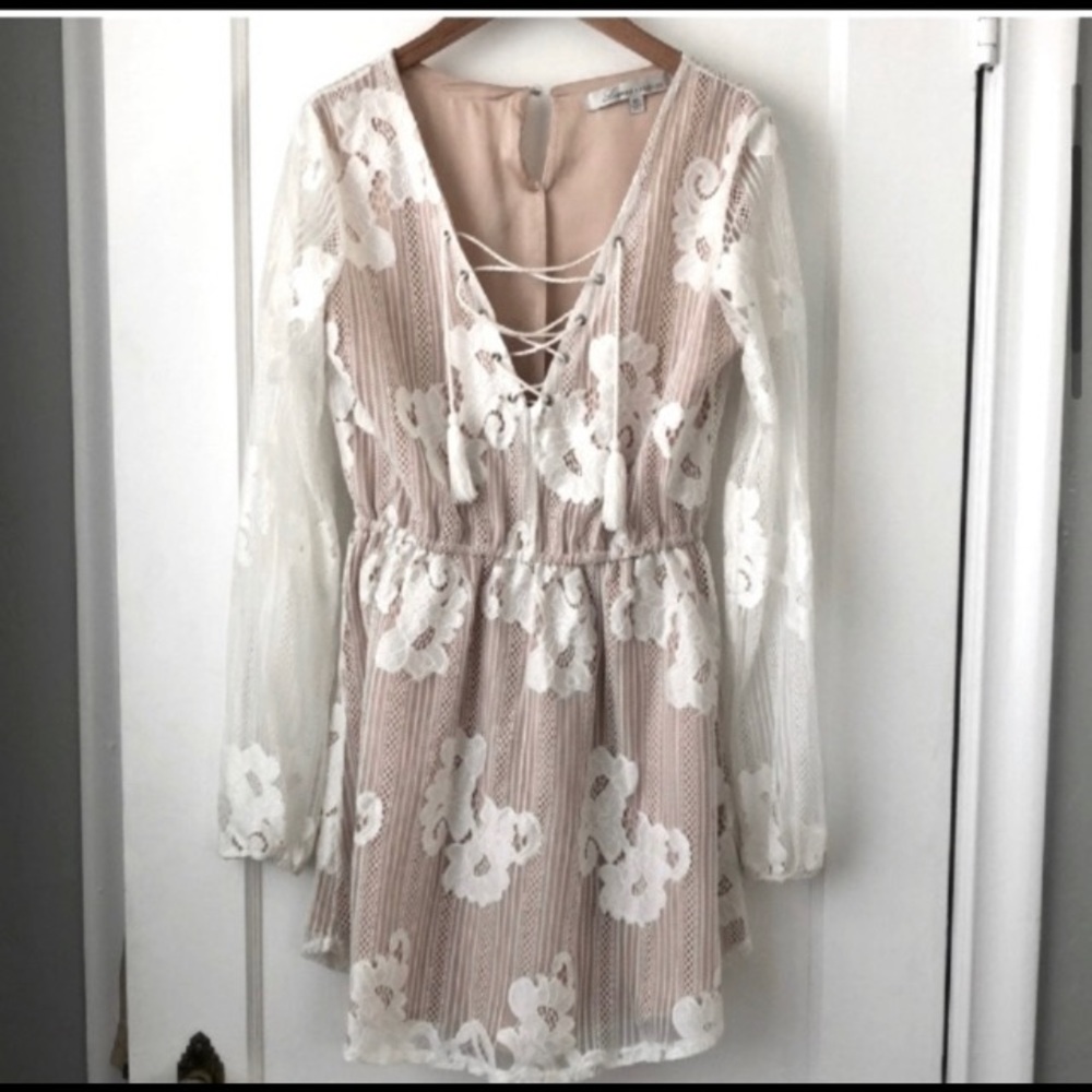 Lovers + Friends Blush Pink and White Lace Long Sleeve Dress